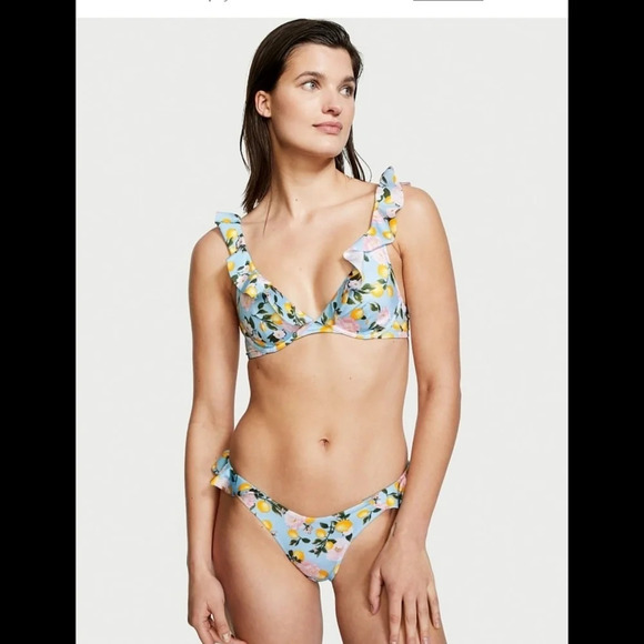 Victoria's Secret Ruffle Plungr Lemon Print Bikini - Picture 1 of 7